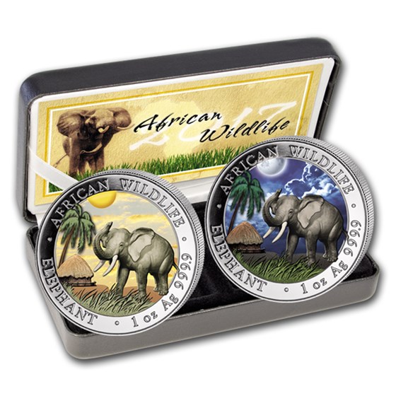 2017 Somalia 2-Coin 1 oz Silver Elephant Set Day/Night (Colored) 2017 Somalia 2-Coin 1 oz Silver Elephant Set Day/Night (Colored)